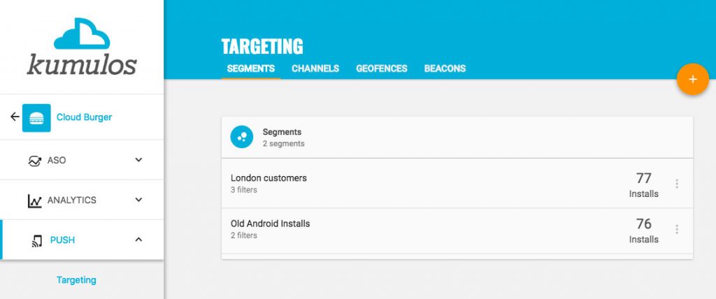 Screenshot from Kumulos product of segmentation and targeting tool.